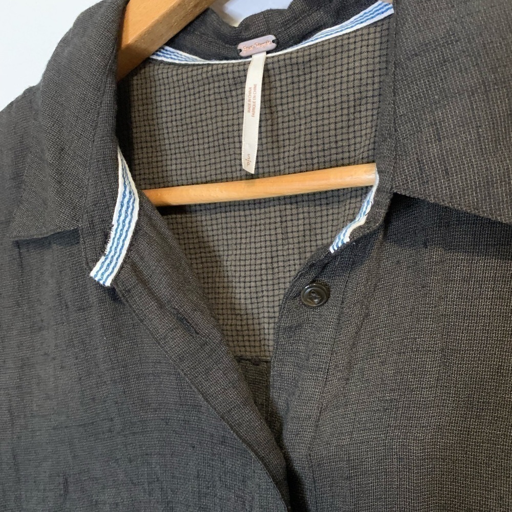 Free People Long Sleeve Dark Green Button Down Top Blouse Size S Plaid Detail - Picture 8 of 8